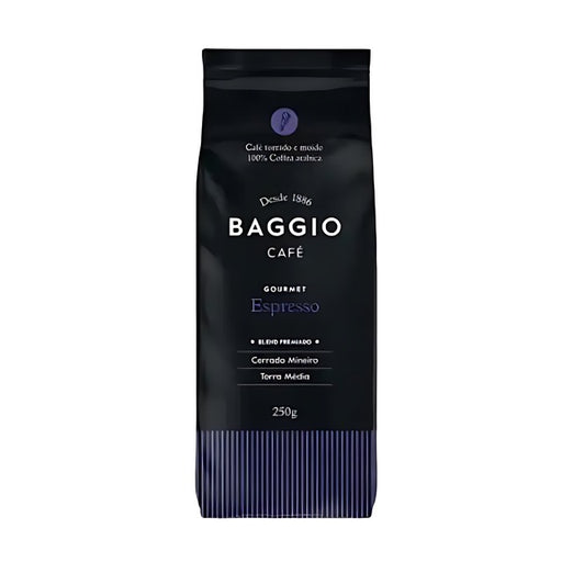 Baggio Café Espresso Specialty Ground Coffee bag, 8.8 oz, showcasing floral aroma. – Buy now at MKPBR.COM – Worldwide Shipping
