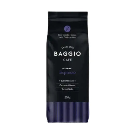 Baggio Café Espresso Specialty Ground Coffee bag, 8.8 oz, showcasing floral aroma. – Buy now at MKPBR.COM – Worldwide Shipping
