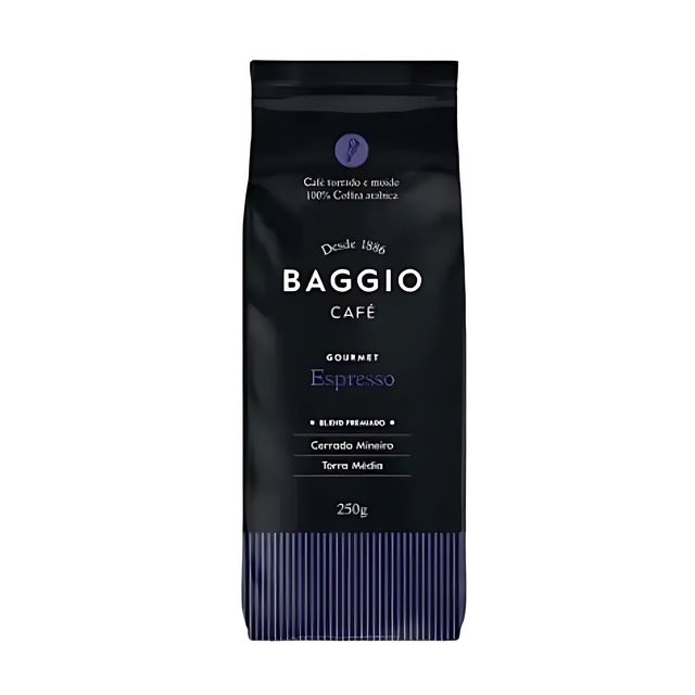 Baggio Café Espresso Specialty Ground Coffee bag, 8.8 oz, showcasing floral aroma. – Buy now at MKPBR.COM – Worldwide Shipping
