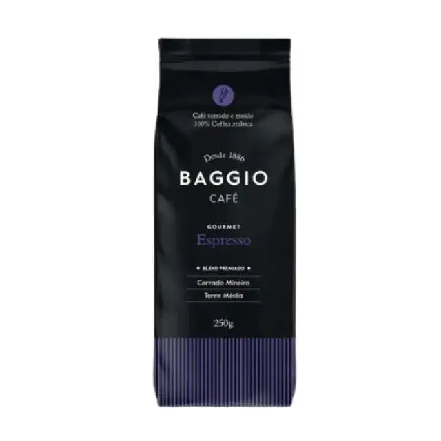 Baggio Café Espresso Specialty Ground Coffee bag, 8.8 oz, showcasing floral aroma. – Buy now at MKPBR.COM – Worldwide Shipping
