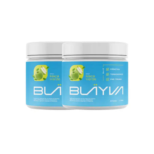BLÄYVA 3-in-1 Performance Powder Duo Pack: Front view of the duo, showcasing Creatine, Pre-Workout, and Thermogenic features in Green Apple flavor – Buy now at MKPBR.COM – Worldwide Shipping