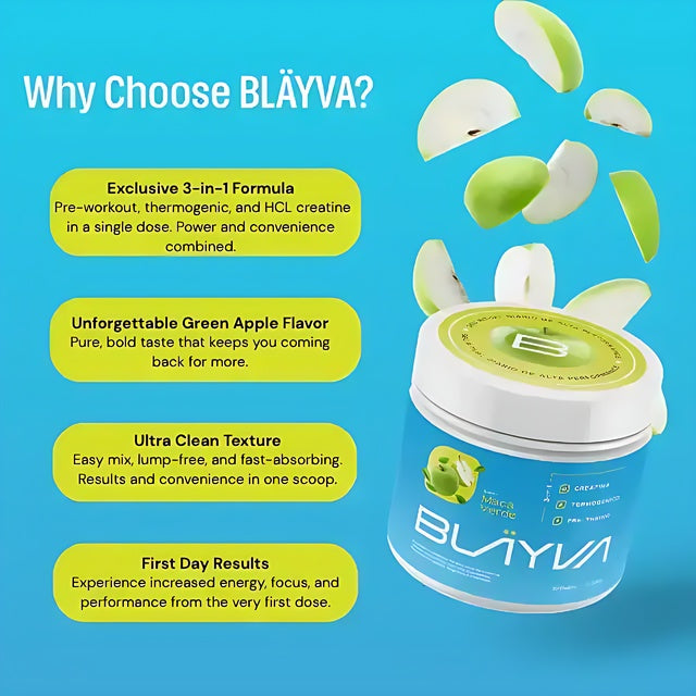BLÄYVA Green Apple 3-in-1 Performance Powder: Pre-workout, thermogenic, HCL creatine for energy, focus, and performance gains – Buy now at MKPBR.COM – Worldwide Shipping