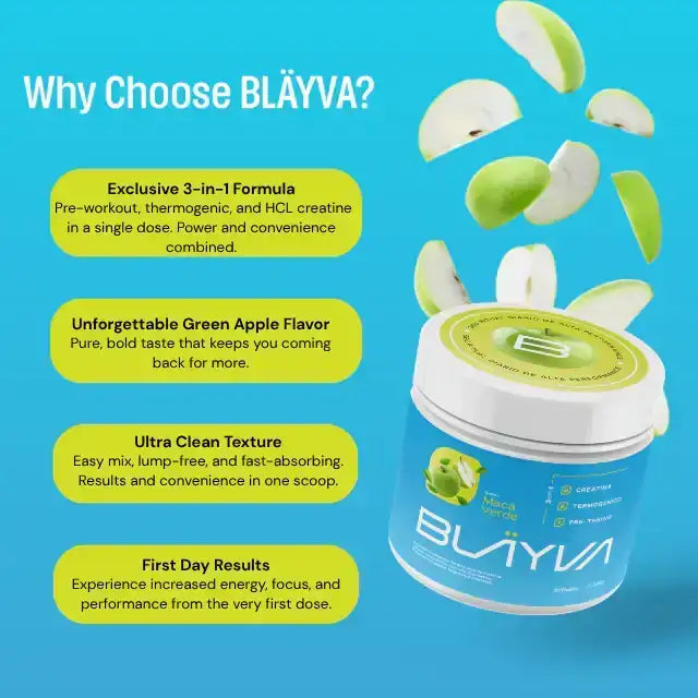 BLÄYVA Green Apple 3-in-1 Performance Powder: Pre-workout, thermogenic, HCL creatine for energy, focus, and performance gains – Buy now at MKPBR.COM – Worldwide Shipping