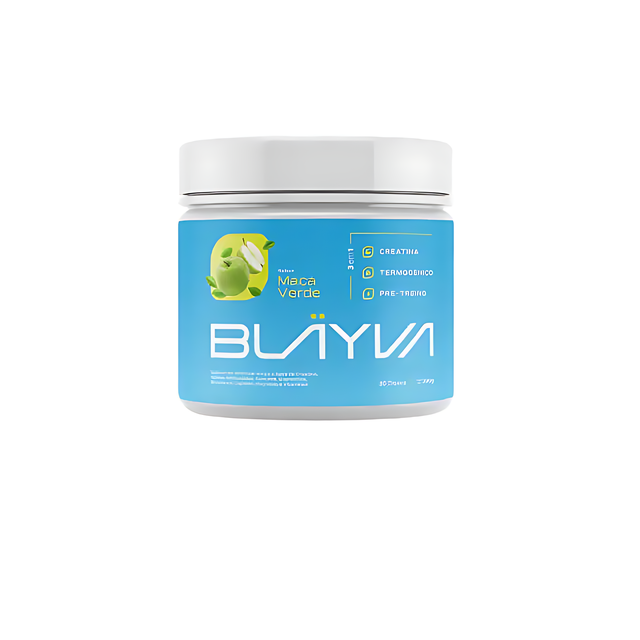 BLÄYVA Green Apple 3-in-1 Performance Powder: Front view of the 390g tub (30 doses), showing key product details – Buy now at MKPBR.COM – Worldwide Shipping