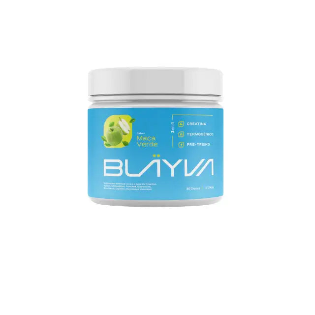 BLÄYVA Green Apple 3-in-1 Performance Powder: Front view of the 390g tub (30 doses), showing key product details – Buy now at MKPBR.COM – Worldwide Shipping