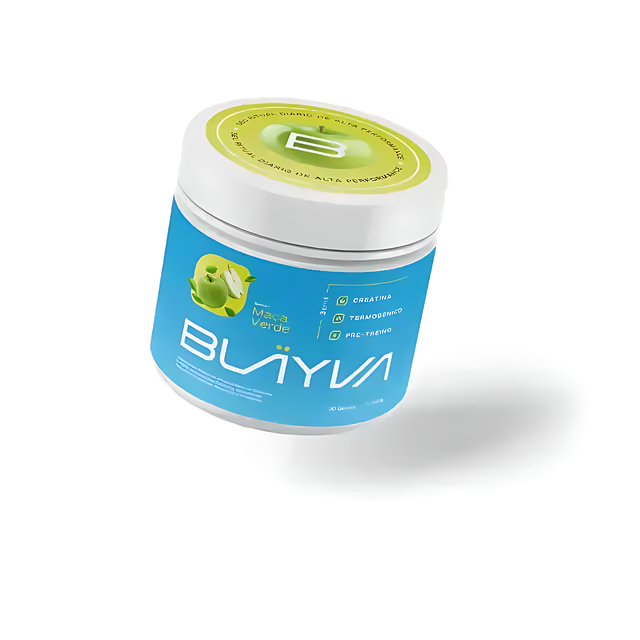 BLÄYVA Green Apple 3-in-1 Performance Powder: Angled view of the 30-dose tub, combining creatine, thermogenic, and pre-workout – Buy now at MKPBR.COM – Worldwide Shipping