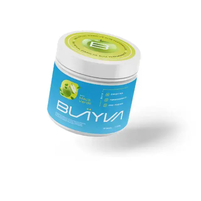 BLÄYVA Green Apple 3-in-1 Performance Powder: Angled view of the 30-dose tub, combining creatine, thermogenic, and pre-workout – Buy now at MKPBR.COM – Worldwide Shipping