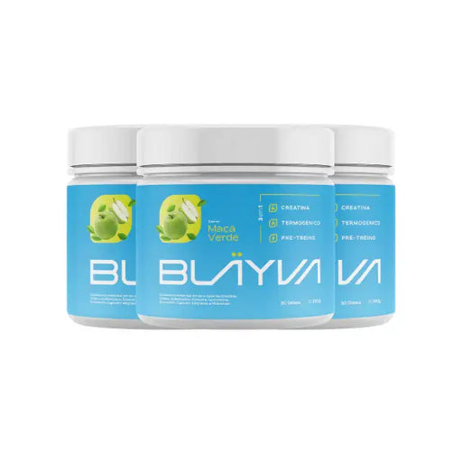 BLÄYVA 3-in-1 Performance Powder Trio Pack: Front view of the trio, showcasing Creatine, Pre-Workout, and Thermogenic features in Green Apple flavor – Buy now at MKPBR.COM – Worldwide Shipping