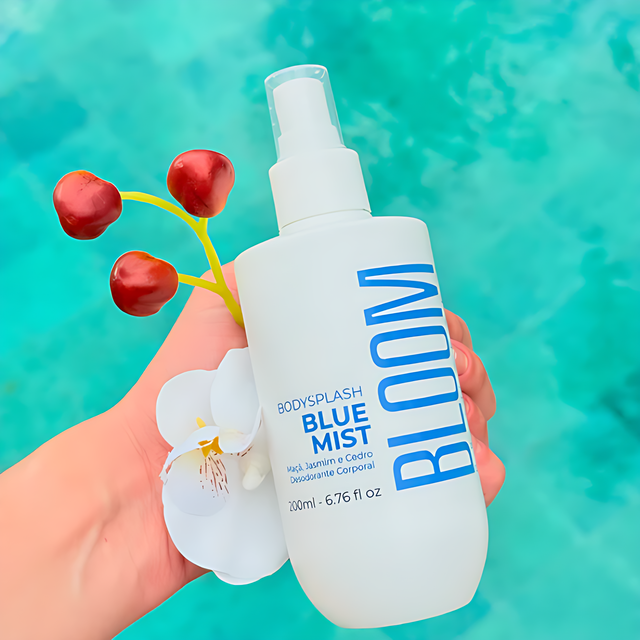 Bloom Body Blue Mist Body Splash Body Mist Cologne Spray, Fresh Aquatic Floral Scent (Moderate) – 6.76 fl oz (200 ml) lifestyle image with clean, modern beauty styling – Buy now at MKPBR.COM – Worldwide Shipping