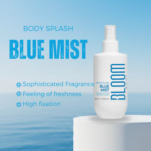 Bloom Body Blue Mist Body Splash Body Mist Cologne Spray, Fresh Aquatic Floral Scent (Moderate) – 6.76 fl oz (200 ml) spray nozzle close-up for fine mist application – Buy now at MKPBR.COM – Worldwide Shipping