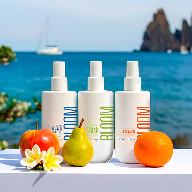 Bloom Body Body Splash Trio Kit: Solar + Fresh Pear + Blue Mist – 3 x 6.76 fl oz (200 ml) after-shower fragrance refresh routine – Buy now at MKPBR.COM – Worldwide Shipping