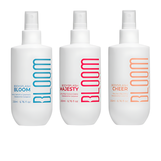 Bloom Body Body Splash Trio Kit: Majesty + Pistachio & Vanilla + Cheer – 3 x 6.76 fl oz (200 ml) front set – Buy now at MKPBR.COM – Worldwide Shipping