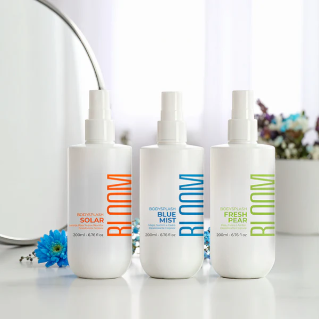Bloom Body Body Splash Trio Kit: Solar + Fresh Pear + Blue Mist – 3 x 6.76 fl oz (200 ml) premium flatlay for a giftable fragrance set – Buy now at MKPBR.COM – Worldwide Shipping