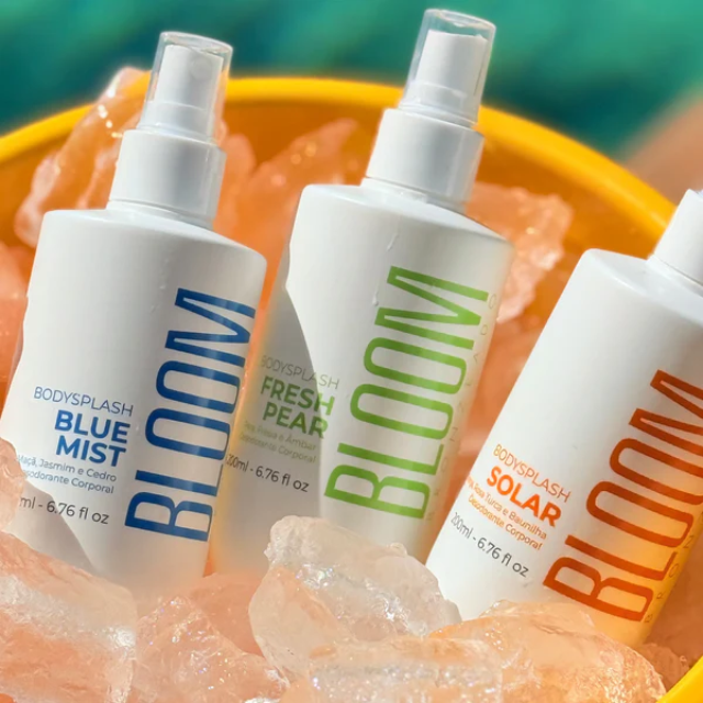 Bloom Body Body Splash Trio Kit: Solar + Fresh Pear + Blue Mist – 3 x 6.76 fl oz (200 ml) angled product photo – Buy now at MKPBR.COM – Worldwide Shipping