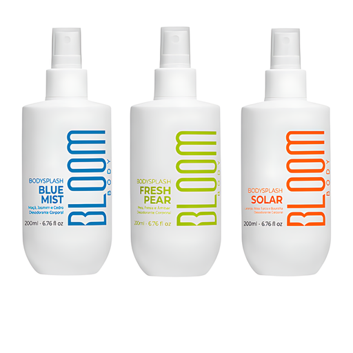 Bloom Body Body Splash Trio Kit: Solar + Fresh Pear + Blue Mist – 3 x 6.76 fl oz (200 ml) front set – Buy now at MKPBR.COM – Worldwide Shipping