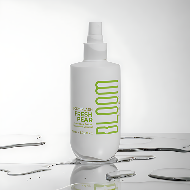 Bloom Body Fresh Pear Body Splash Body Mist Cologne Spray, Fresh Fruity-Floral Scent (Moderate) – 6.76 fl oz (200 ml) lifestyle image with clean, modern beauty styling – Buy now at MKPBR.COM – Worldwide Shipping