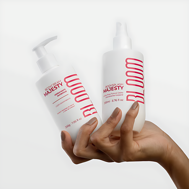 Bloom Body Majesty Kit Body Cream 7.05 oz (200 g) + Body Splash 6.76 fl oz (200 ml), Intense Floral Scent angled product photo for e-commerce – Buy now at MKPBR.COM – Worldwide Shipping