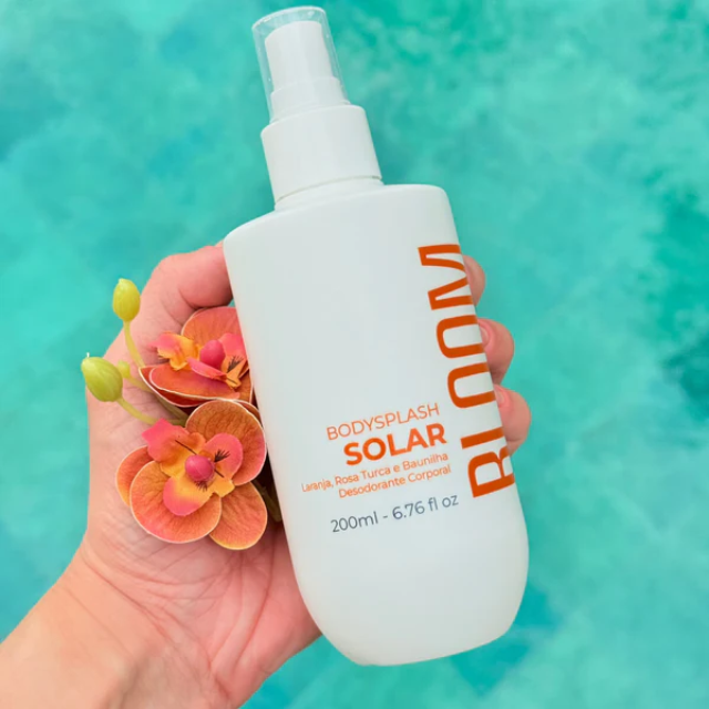 Bloom Body Solar Body Splash Body Mist Cologne Spray, Warm Sophisticated Floral Scent – 6.76 fl oz (200 ml) lifestyle image with clean, modern beauty styling – Buy now at MKPBR.COM – Worldwide Shipping