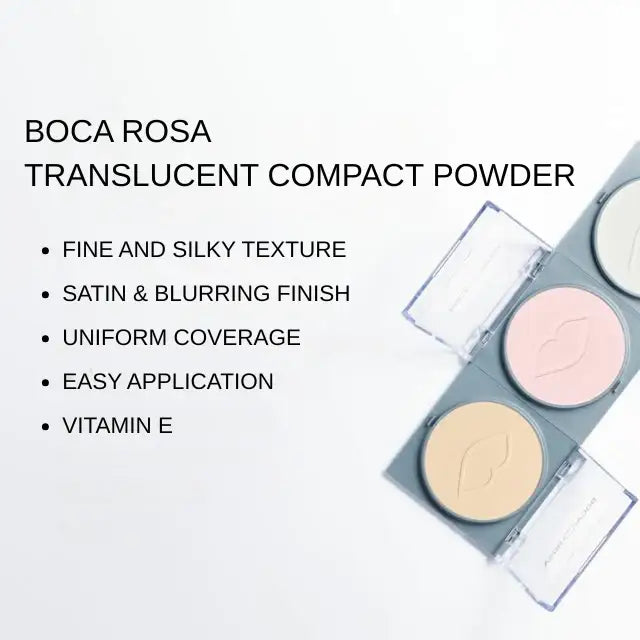 Experience the ultra-fine and lightweight texture of Boca Rosa's translucent compact powder – Buy now at MKPBR.COM – Worldwide Shipping
