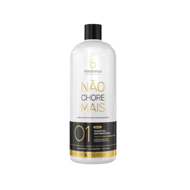 Borabella Não Chore Mais Anti-Residue Clarifying Shampoo Step 1 (Pro Use) – 33.81 fl oz (1 L) bottle front view for salon cleansing – Buy now at MKPBR.COM – Worldwide Shipping