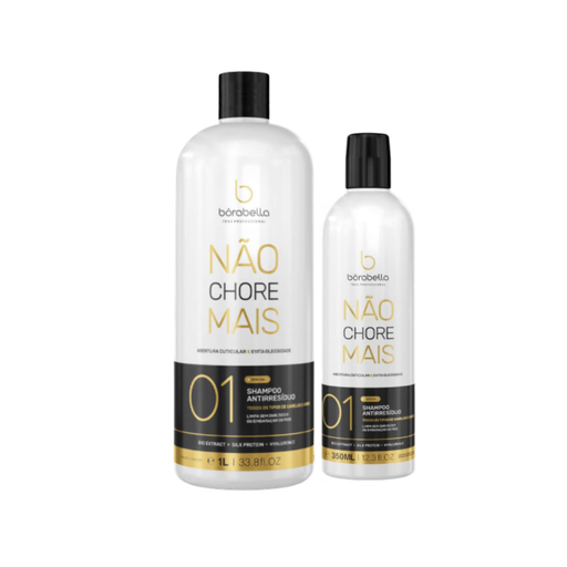Borabella Não Chore Mais Anti-Residue Clarifying Shampoo Step 1 (Pro Use) – 11.83 fl oz / 33.81 fl oz (350 ml / 1 L) front label and size options – Buy now at MKPBR.COM – Worldwide Shipping