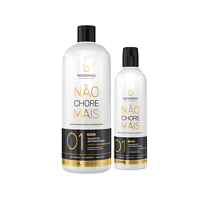 Borabella Não Chore Mais Anti-Residue Clarifying Shampoo Step 1 (Pro Use) – 11.83 fl oz / 33.81 fl oz (350 ml / 1 L) front label and size options – Buy now at MKPBR.COM – Worldwide Shipping