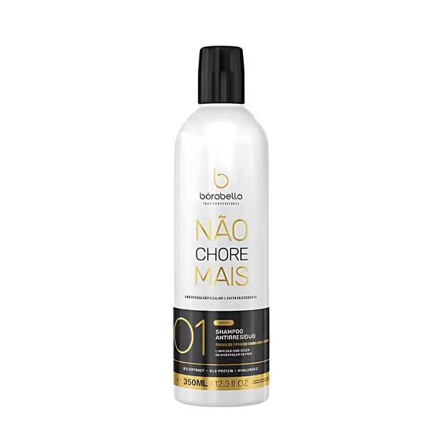 Borabella Não Chore Mais Anti-Residue Clarifying Shampoo Step 1 (Pro Use) – 11.83 fl oz (350 ml) bottle front view for professional hair prep – Buy now at MKPBR.COM – Worldwide Shipping