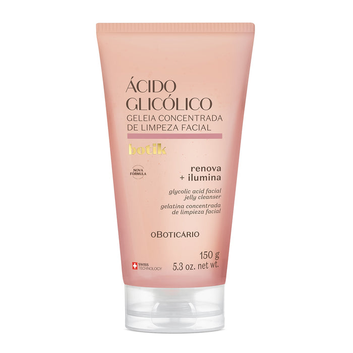 Boticário Botik Ácido Glicólico Concentrated Cleansing Jelly 150 g jar front view, Brazilian glycolic acid face wash for cell renewal – Buy now at MKPBR.COM – Worldwide Shipping
