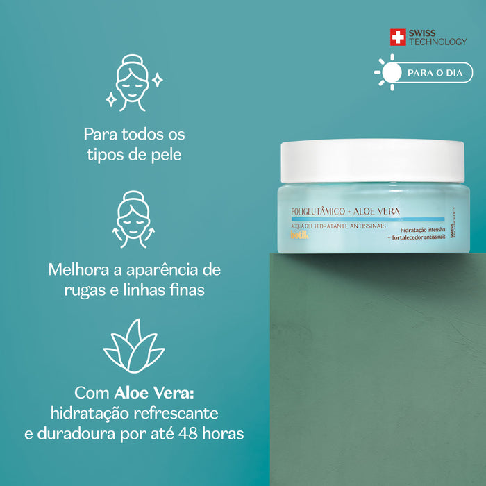 Boticario Botik Acqua Gel Antissinais Polyglutamic Acid and Aloe Vera moisturizer styled in a daily Brazilian skincare routine – Buy now at MKPBR.COM – Worldwide Shipping