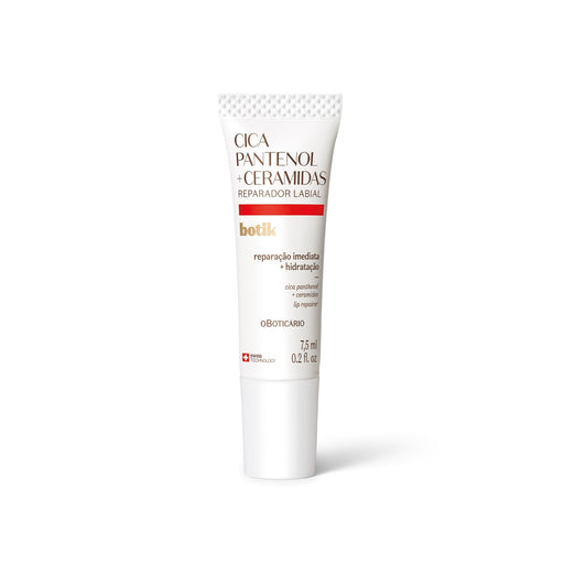 Boticário Botik Cica Panthenol and Ceramides lip balm 7.5 ml white squeeze tube, front view of the Brazilian Botik lip care pack – Buy now at MKPBR.COM – Worldwide Shipping