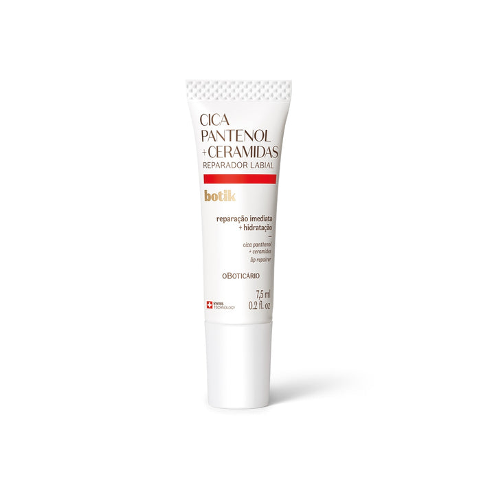 Boticário Botik Cica Panthenol and Ceramides lip balm 7.5 ml white squeeze tube, front view of the Brazilian Botik lip care pack – Buy now at MKPBR.COM – Worldwide Shipping