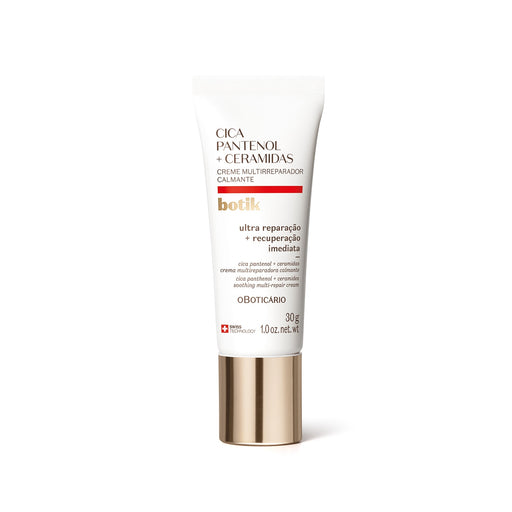 O Boticário Botik Cica Panthenol & Ceramides Multi-Repair Soothing Face Cream 30 g white tube with gold cap, front view – Buy now at MKPBR.COM – Worldwide Shipping