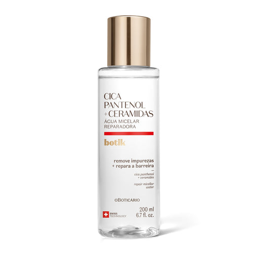 Boticário Botik Cica Repairing Micellar Water 200 ml clear bottle with gold cap, front view of the panthenol and ceramides Brazilian face cleanser – Buy now at MKPBR.COM – Worldwide Shipping