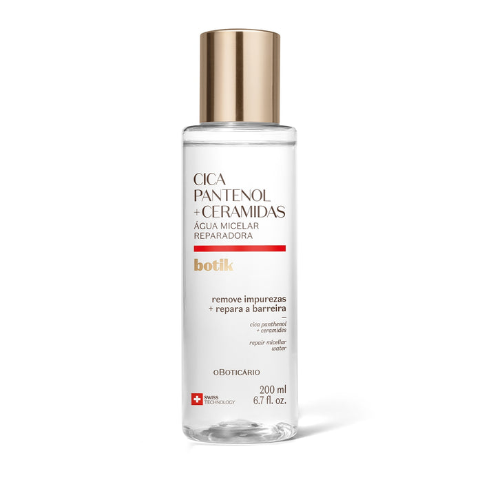 Boticário Botik Cica Repairing Micellar Water 200 ml clear bottle with gold cap, front view of the panthenol and ceramides Brazilian face cleanser – Buy now at MKPBR.COM – Worldwide Shipping
