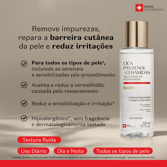 Benefits infographic for Boticário Botik Cica Repairing Micellar Water showing the fragrance-free fluid texture for all skin types beside the 200 ml bottle – Buy now at MKPBR.COM – Worldwide Shipping