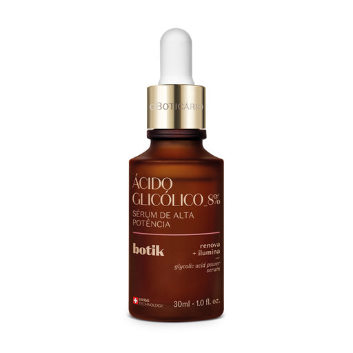 Boticário Botik Glycolic Acid 8% High-Potency Facial Serum 30 ml amber glass dropper bottle, front label view of the Brazilian night serum – Buy now at MKPBR.COM – Worldwide Shipping