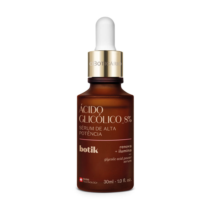 Boticário Botik Glycolic Acid 8% High-Potency Facial Serum 30 ml amber glass dropper bottle, front label view of the Brazilian night serum – Buy now at MKPBR.COM – Worldwide Shipping