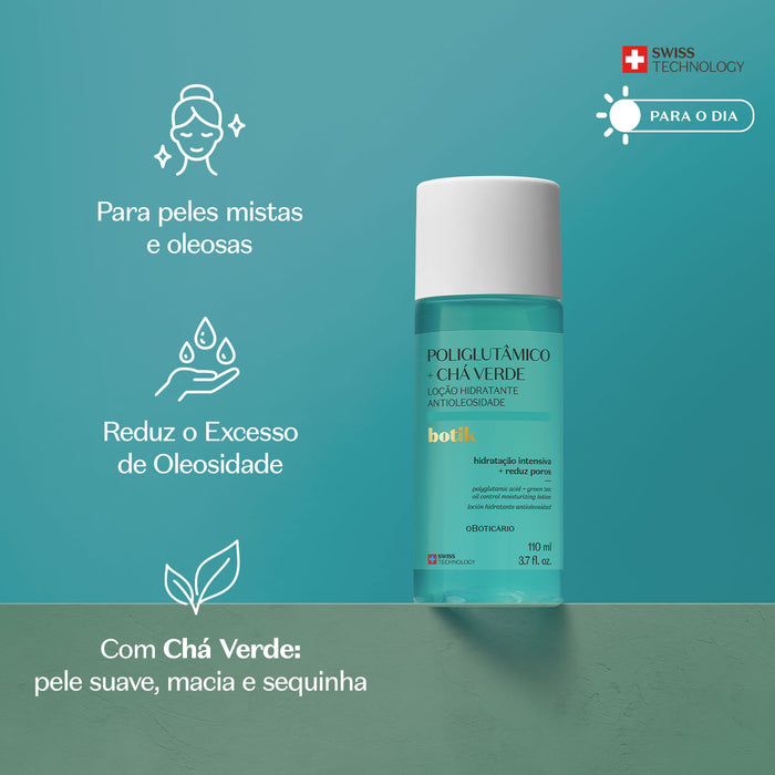 Informational benefits card for Boticário Botik Antioleosidade lotion with Green Tea highlighting 48-hour hydration, oil control and pore appearance for adult oily skin – Buy now at MKPBR.COM – Worldwide Shipping