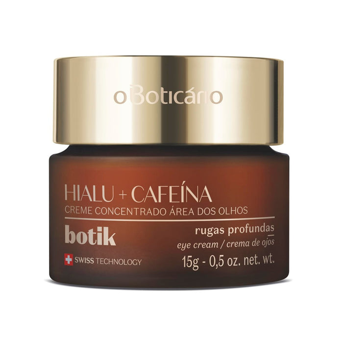 Boticário Botik Hyaluronic Acid and Caffeine Concentrated Eye Cream 0.53 oz 15 g amber glass jar with gold lid, front view of the Brazilian eye cream for deep wrinkles – Buy now at MKPBR.COM – Worldwide Shipping