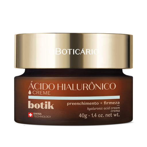 Boticário Botik Ácido Hialurônico Firming Face Cream 1.41 oz (40 g) jar front view, Brazilian anti-aging hyaluronic acid moisturizer by O Boticário – Buy now at MKPBR.COM – Worldwide Shipping