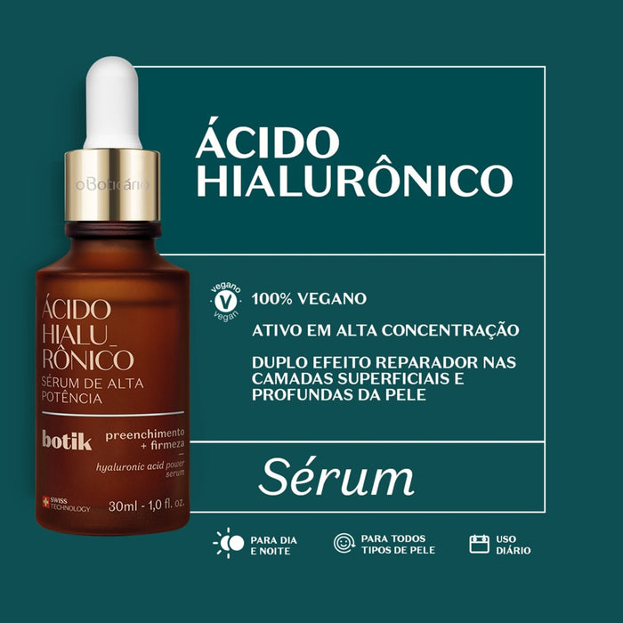 Boticario Botik pure hyaluronic acid serum benefits detail showing deep hydration and plumping of fine lines for adult skin – Buy now at MKPBR.COM – Worldwide Shipping