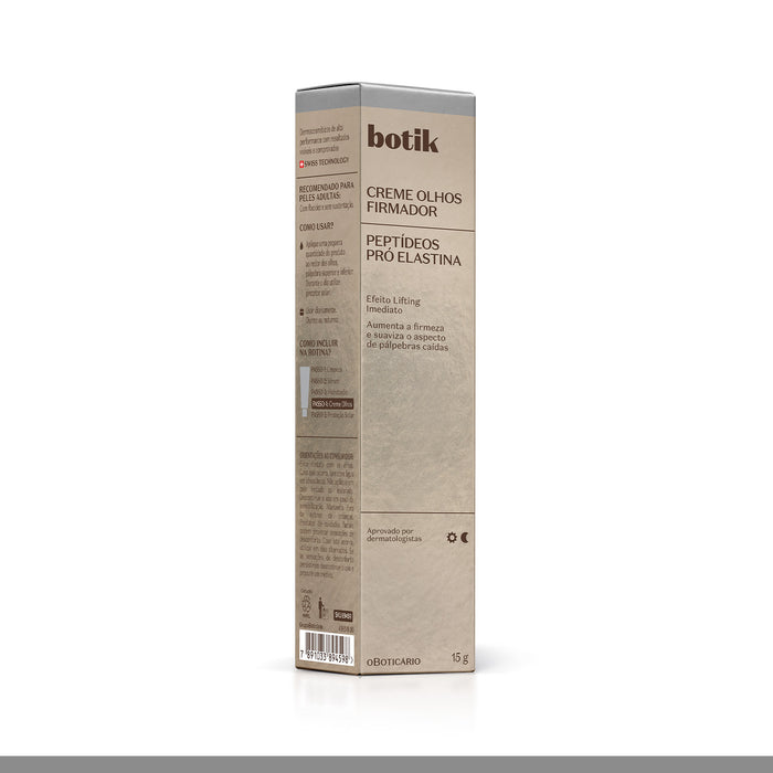 Boticário Botik Peptídeos Pró-Elastina 15 g eye cream carton box with Portuguese label, usage steps and barcode – Buy now at MKPBR.COM – Worldwide Shipping