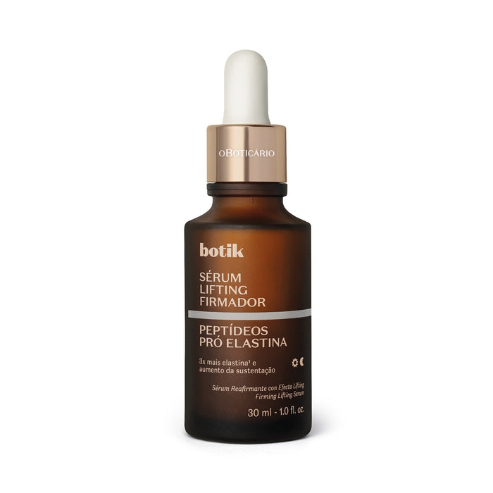 Boticário Botik Peptídeos Pró-Elastina Facial Serum 30 ml amber glass dropper bottle, front view of the Brazilian Botik face serum – Buy now at MKPBR.COM – Worldwide Shipping