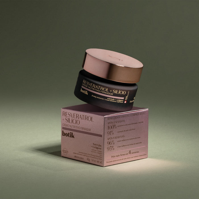 Boticário Botik Resveratrol & Silicon Nourishing Face Cream jar balanced on its rose pink carton box in a green studio setting – Buy now at MKPBR.COM – Worldwide Shipping