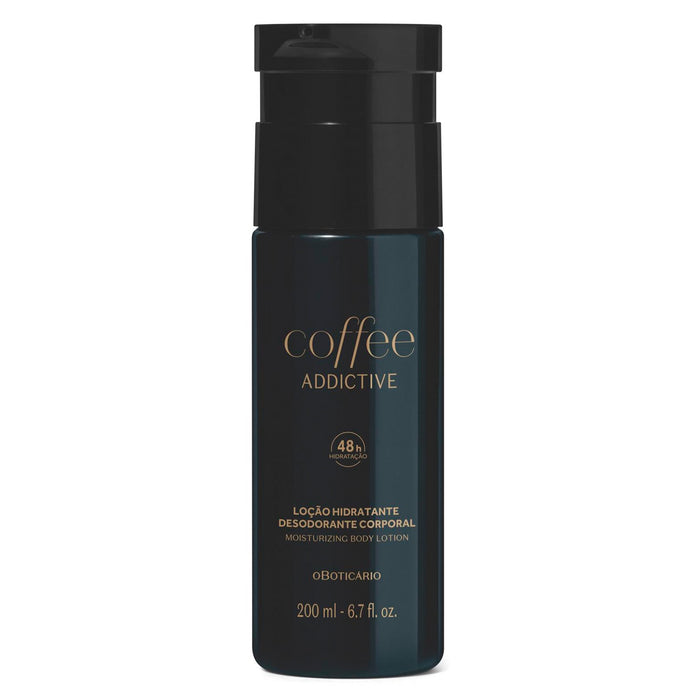 O Boticário Coffee Addictive Deodorant Moisturizing Body Lotion 200 ml black pump bottle, front view of the Brazilian oriental aromatic body moisturizer – Buy now at MKPBR.COM – Worldwide Shipping