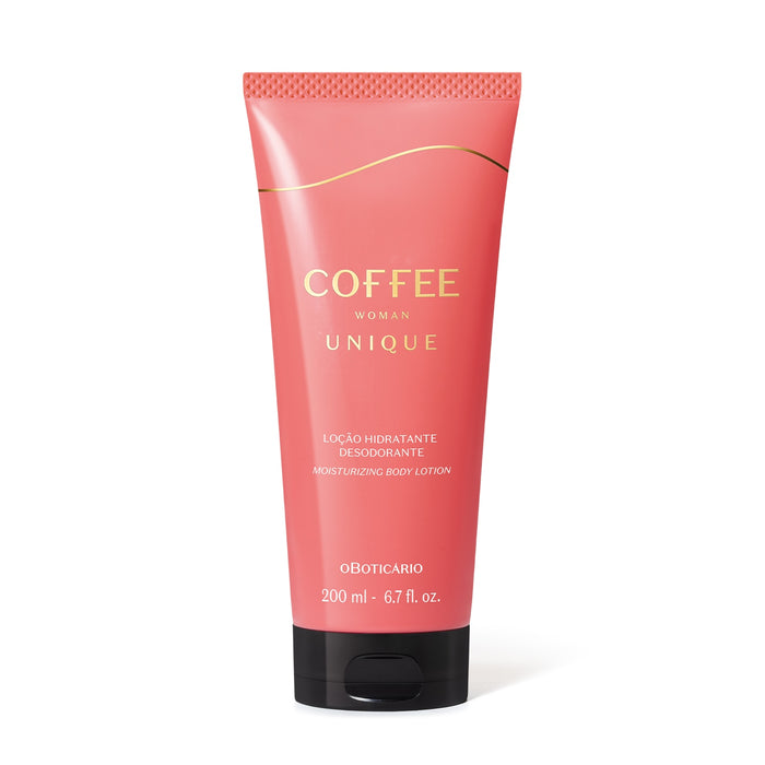 O Boticário Coffee Woman Unique deodorant moisturizing body lotion 200 ml, front of the pink Brazilian floral gourmand tube – Buy now at MKPBR.COM – Worldwide Shipping
