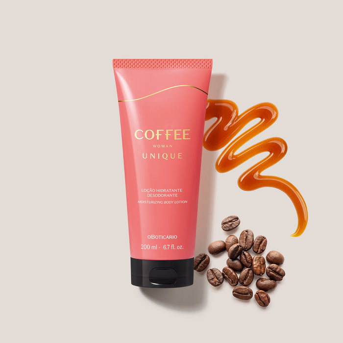 O Boticário Coffee Woman Unique body lotion 200 ml tube in a flat lay with roasted coffee beans and a salted caramel swirl – Buy now at MKPBR.COM – Worldwide Shipping