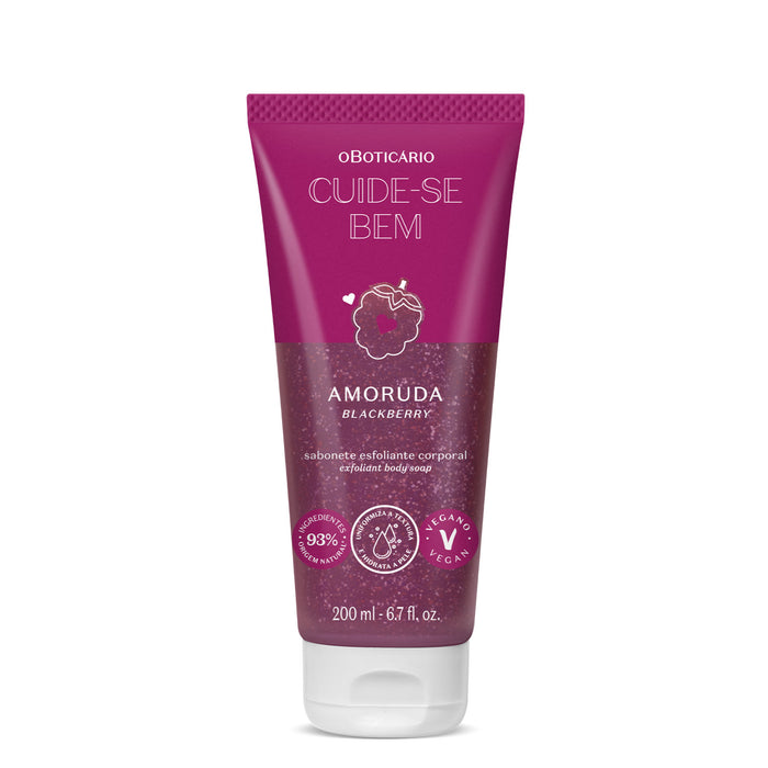 O Boticário Cuide-se Bem Amoruda Exfoliating Body Wash 200 ml magenta tube, front view with blackberry artwork, vegan seal and 93% natural origin ingredients seal – Buy now at MKPBR.COM – Worldwide Shipping