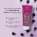 Benefits chart for Boticário Cuide-se Bem Amoruda exfoliating body wash surrounded by fresh blackberries: hydrated skin sensation, even skin texture and removal of impurities and dead cells – Buy now at MKPBR.COM – Worldwide Shipping