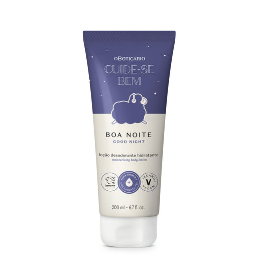 Front view of the Boticário Cuide-se Bem Boa Noite deodorant moisturizing body lotion 200 ml navy and cream tube with sheep icon and vegan cruelty-free seals – Buy now at MKPBR.COM – Worldwide Shipping